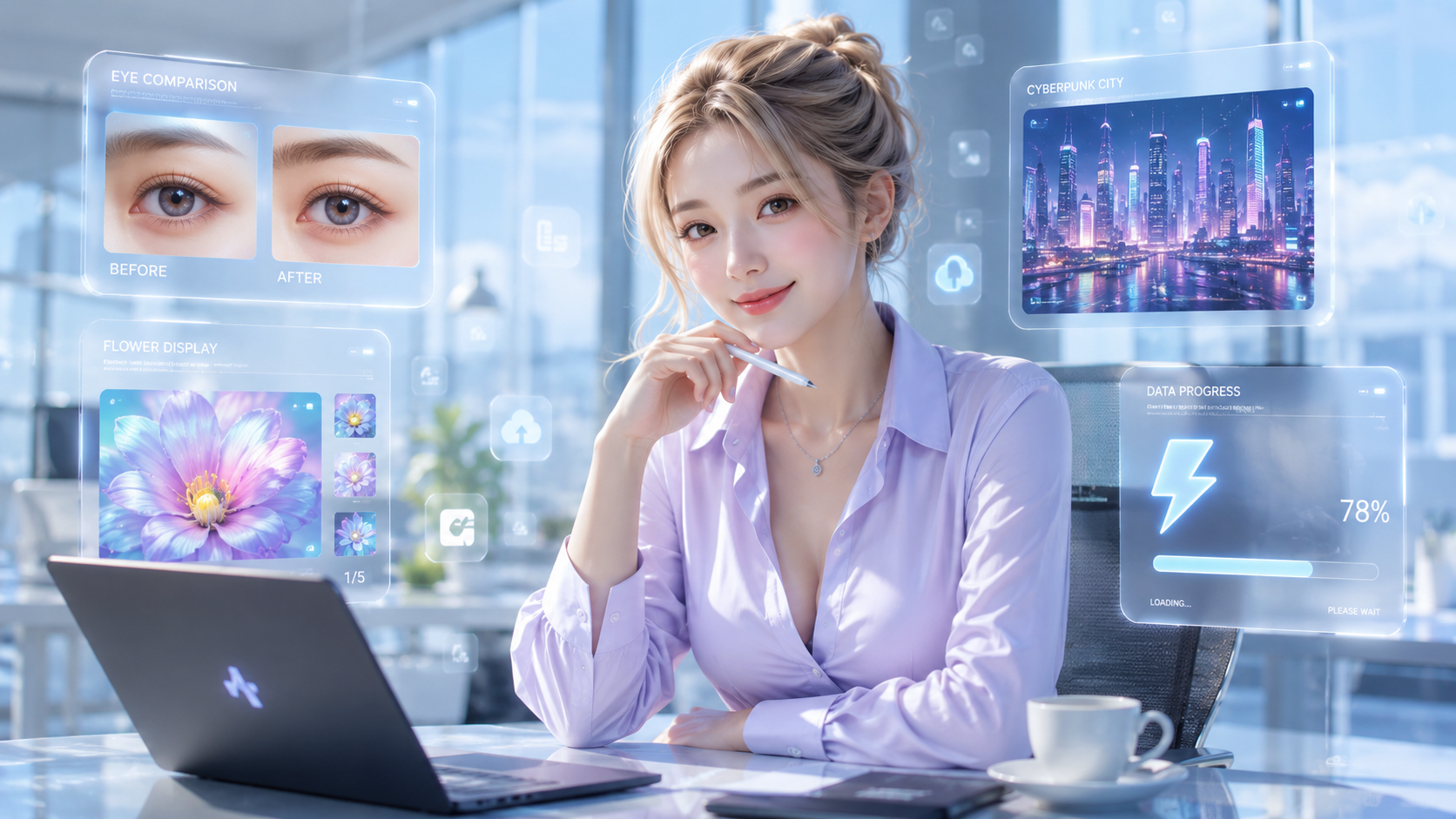 图片_一位精致的年轻亚洲女性，身穿浅紫色衬衫，_1 - 荆州短剧AI公共图片素材