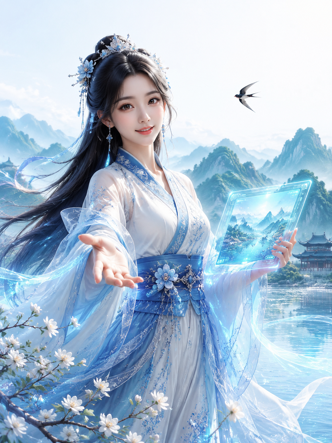 图片_一位穿着蓝白相间精致汉服的年轻中国女性，_1 - 荆州短剧AI公共图片素材