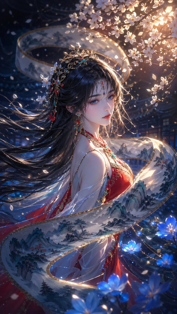 山水长卷环绕的国风少女 - 荆州短剧AI公共图片素材