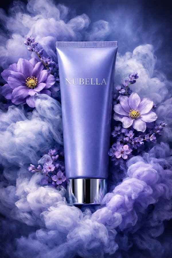 梦幻蓝紫烟雾环绕的NUBELLA奢华护肤软管 - 荆州短剧AI公共图片素材