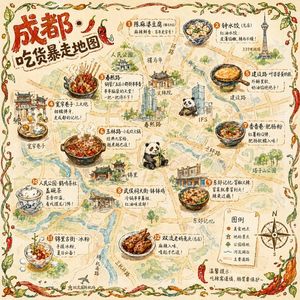 手绘城市美食地图 - 荆州短剧AI公共图片素材